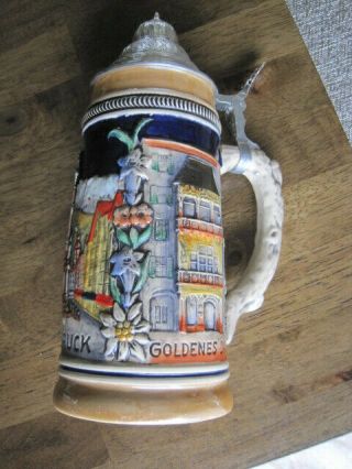 Vintage German Lidded Beer Stein Mug Stoneware Pewter Octoberfest Innsbruck