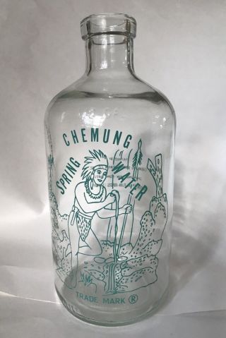 Vintage Chemung Spring Water Bottle,  1/2 Gallon Green Native American Graphic