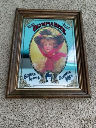 Vintage Olympia Beer Wood Framed Wall Mirror 11” X 14”