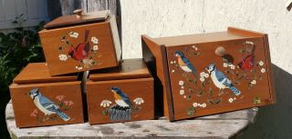 Vintage Wood Breadbox And Canister Set Birds Blue Jay Bluebird Cardinal Gioia
