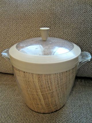 Vintage Mid Century Raffia Ware Burlap Weave Acrylic Ice Bucket