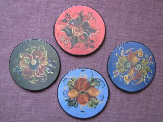 Set Of Four Coasters - Cork Backed In The " Rosemaling " Style - But Look