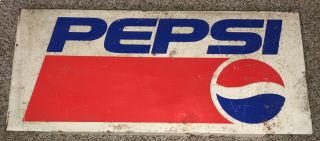 Vintage 1970s Pepsi Cola Soda Pop Gas Station Approx 23 X 11” Metal Sign