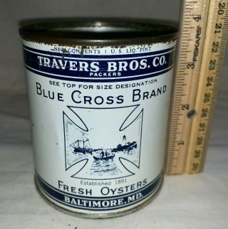 Antique Blue Cross Fresh Oyster Tin Litho 1pt Can Baltimore Md Seafood Grocery