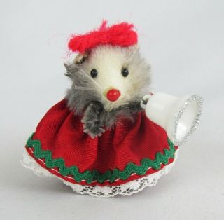 Vintage Fur Toys West Germany Miniature Christmas Girl Mouse With Bell