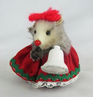 Vintage Fur Toys West Germany Miniature Christmas Girl Mouse with Bell 4