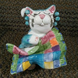 Annaco Creations Amy Lacombe Blue Cat Sitting With Patch Quilt Whimsiclay