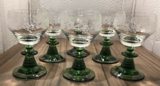6 X Vintage / Retro Green Beehive Stem Hock Wine Glasses With Acid Etched Bowl