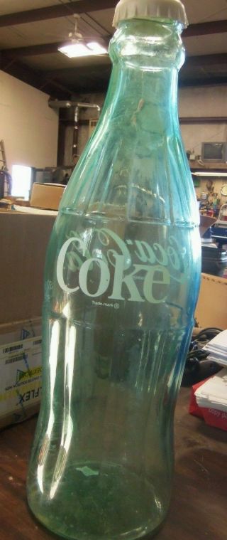 Vtg Giant 21 " Coca Cola Thick Blue/green Glass Bottle Bank W/lid White Letters