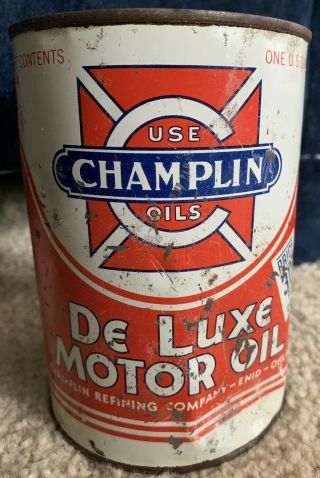 Champlin De Luxe Empty 1 Quart Motor Oil Can - Vintage 1940 ' s/50 ' s - Enid,  OK 3