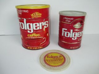 2 Vintage Folgers Electric Perk/automatic Drip Mountain Grown Coffee Tin Can,
