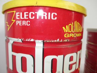 2 Vintage Folgers Electric Perk/Automatic Drip Mountain Grown Coffee Tin Can, 2