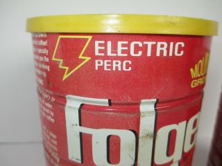 2 Vintage Folgers Electric Perk/Automatic Drip Mountain Grown Coffee Tin Can, 7