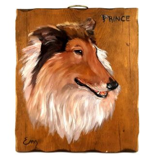 Vintage Dog Painting On Wood Plank Border Collie From The 1980s Signed By Artist