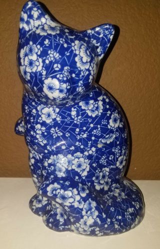 Cat Cobalt Blue With White Flower Design Calico Figurine Ceramic Figure