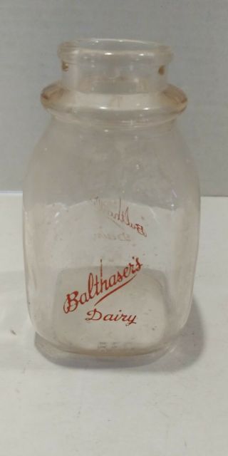 Vintage Balthasers Dairy Mini Clear Glass Milk Bottle 1/2 Pint Orange Writing
