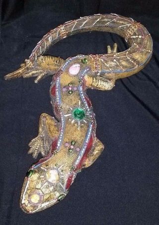 Collectible 12 " Long Brown Jeweled Reptile Lizard Decoration Resin Figurine