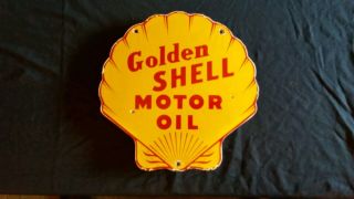 Vintage Golden Shell Gasoline / Motor Oil Porcelain Gas Pump Sign