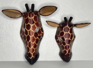 Wooden Giraffe Face Mask Hand Carved Wood Wall Hanging Set Of 2 Masks Africa Art