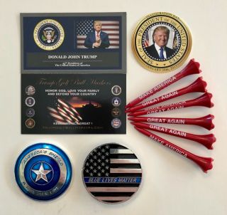 Trump Golf Ball Marker Coin & Tee Set.  Police Shield.  999 Silver Plated Coin