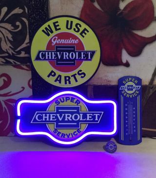 Large Set Chevrolet Service Sales Dealer Shop Neon Signn Set Of 4 Match $$$