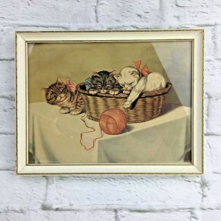 Vintage 50s 60s Kittens Yarn Basket Framed Sidney Z Lucas Print 13 " X 10 "