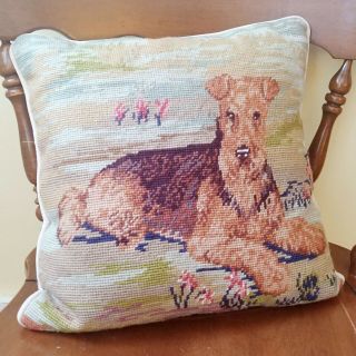 Airedale Terrier Needlepoint Pillow Wool Canvas Dog Lover Gift 14 " X 14 "