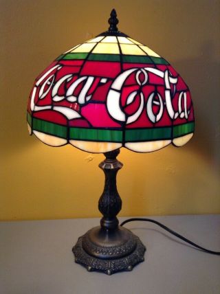 Coca Large 19 " Cola Coke Tiffany Style Pedestal Table Stain Glass Accent Lamp