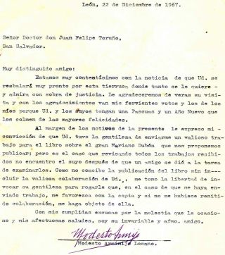 1967 Modesto Armijo Lozano Typed Letter Signed By Writer From Nicaragua
