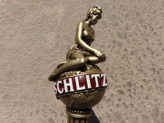 Vintage Schlitz Lady On Top of World Globe Beer Tap Handle Marker 12  inches 2