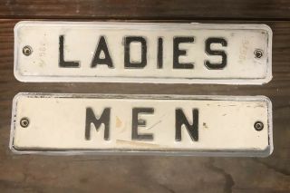 Set Of Vintage Black & White Ladies & Men Tin Embossed Restroom Signs