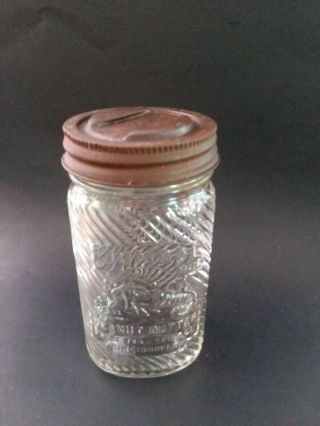 Vintage 14 Oz Jumbo Peanut Butter Jar Or Bottle With Interesting Lid
