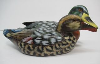 Hand Carved Wood Mallard Duck Pair Loving Couple One Piece Of Wood Hand Painted