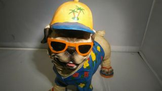 Pug Dog Sun & Fun Garden Statue Wearing Sunglasses Flip Flops Hat & Floral Shirt