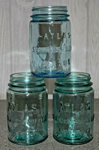 Vintage Blue Atlas Strong Shoulder Mason Jars - Set Of 3 - Pint Jars (5)