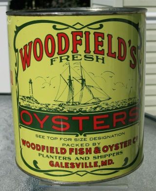 Vintage 1 Gallon Woodfield’s Oyster Tin / Can With Lid - Galesville,  Md -