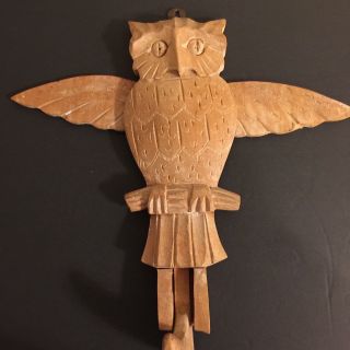 Owl Wood Door Knocker Puppet Wall Decor Vintage Hand Carved Art Flapping Wings