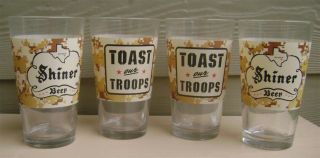 4 Shiner Beer Toast Our Troops 16 Oz.  Pint Glasses.  " Boots ".  Shiner Texas