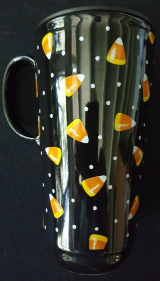 Longaberger Pottery Halloween Candy Corn Travel Mug Coffee Tea Black Orange