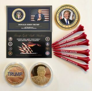 Trump Golf Ball Marker Coin & Tee Set.  2016 Presidential Tribute. ,  1 Decal