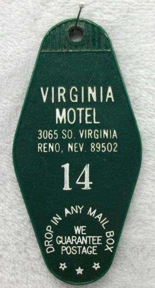 Vtg.  Plastic Hotel Motel Room Key Fob Chain Ring Virginia Motel Reno Nevada Htf