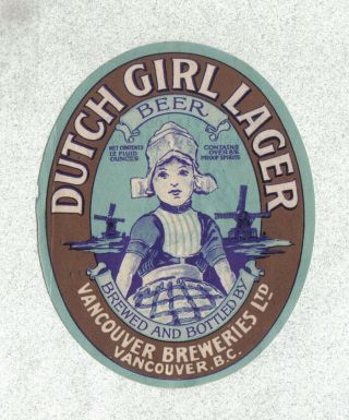 Beer Label - Canada - Dutch Girl Lager - Vancouver Breweries - British Columbia