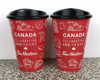 Tim Hortons Canada 150 Anniversary Reusable Plastic Cups With Lid Set Of 2