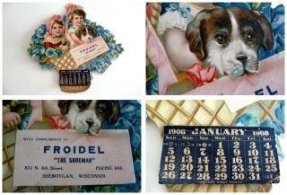 Advertising 1908 Calendar Embossed Die - Cut Froidel Shoes Wisconsin Dog Pansies