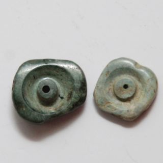 2 Pre - Columbian Costa Rican Carved Jade Stone Ear Spool Beads