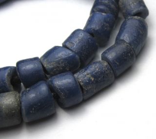 11 " Strand Of 40 Rare Well Worn Small Cobalt Ghana Sand Cast Glass Beads