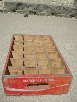 COCA COLA red/white 24 bottle wood crate divided carrier case 1973 Marshall,  MN 2
