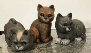 3 Cat Kitty Kittens Figurine Gray Tan Tabby Playful Ceramic Hand Painted
