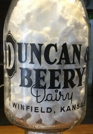 Duncan & Beery Dairy Glass Quart Black Pyro Milk Bottle Winfield Kansas Ks