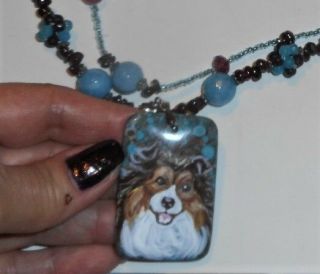 Shetland Sheepdog Sheltie Dog Blue Beaded Necklace Hand Painted Jasper Pendant